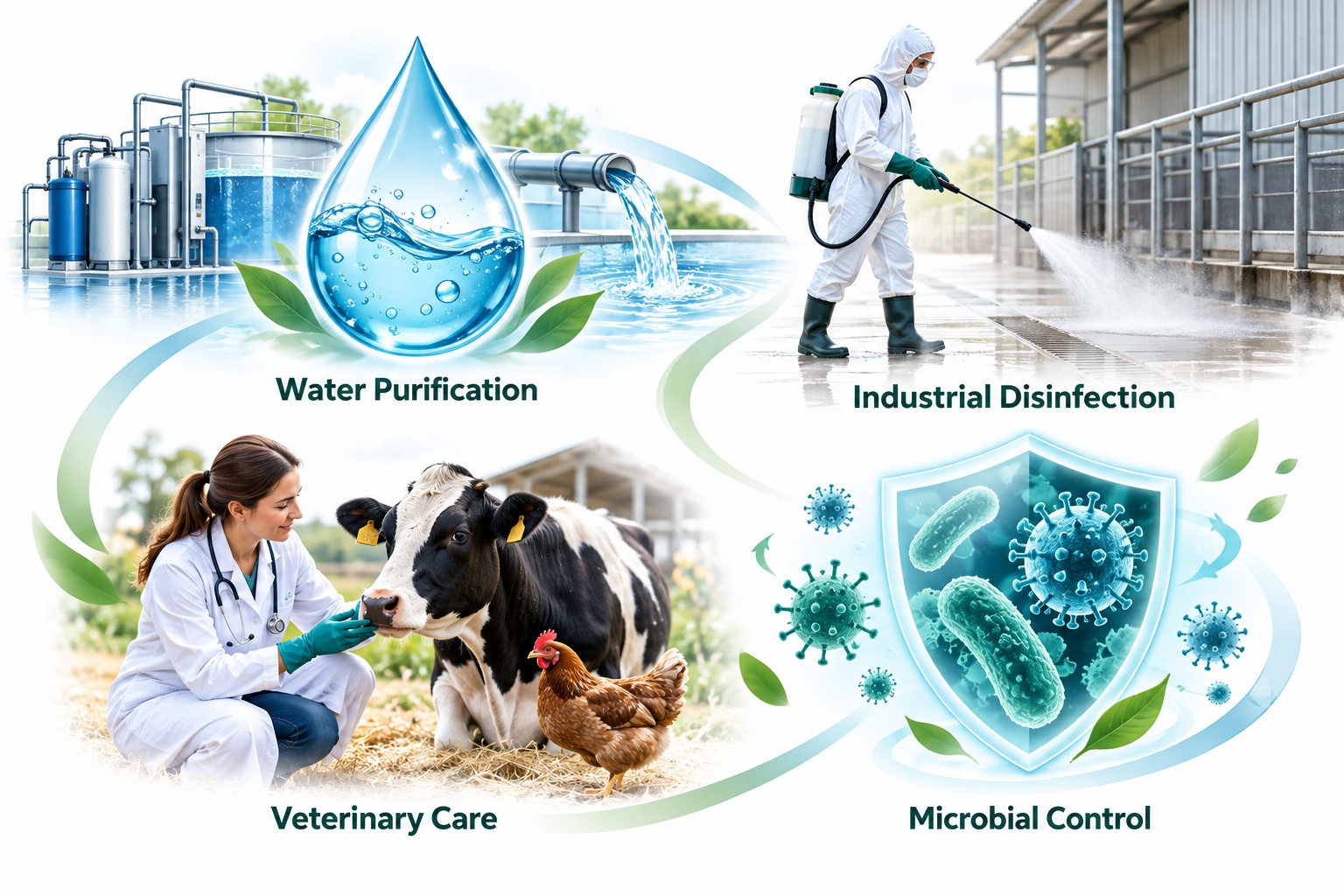 Water purification, industrial disinfection, veterinary care and microbial control